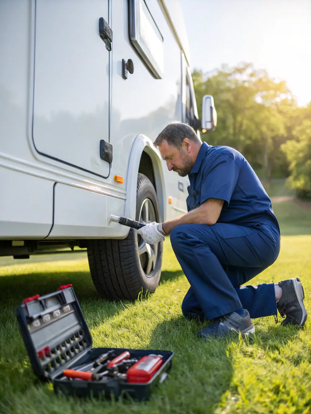 An RV technician performing a pre-trip inspection on an RV, checking tires, brakes, and other critical components.
