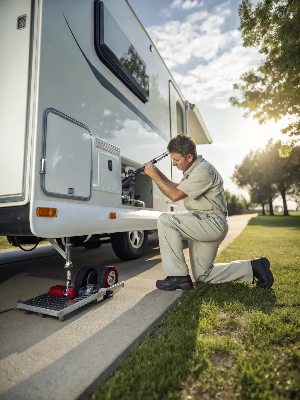 An RV technician skillfully repairing a slide-out mechanism on an RV, ensuring smooth operation.