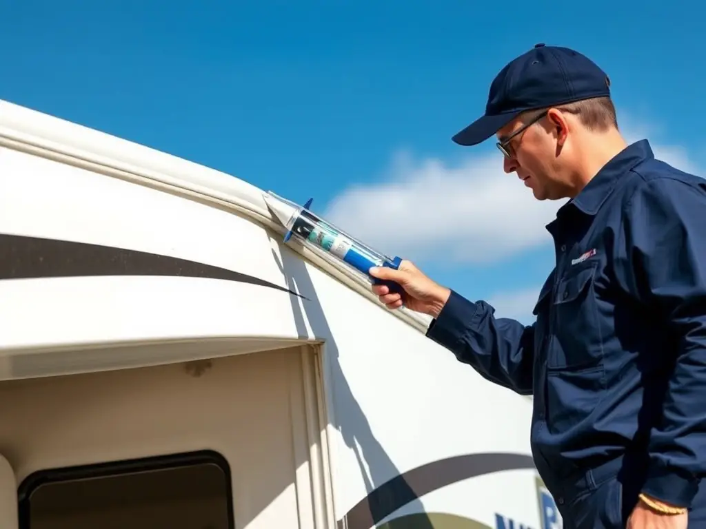 A high-quality image of an Onpoint RV LLC technician carefully repairing a damaged RV roof, highlighting the use of premium sealing materials and tools.