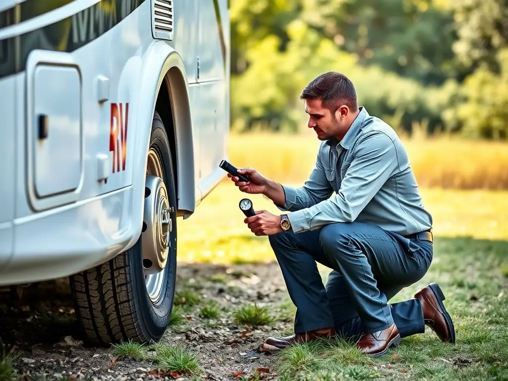 A technician performing a pre-trip inspection on an RV, checking tires, brakes, and other critical components.
