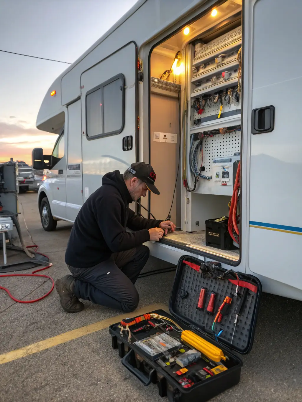 An RV technician expertly diagnosing an electrical issue inside an RV, using a multimeter and other diagnostic tools.