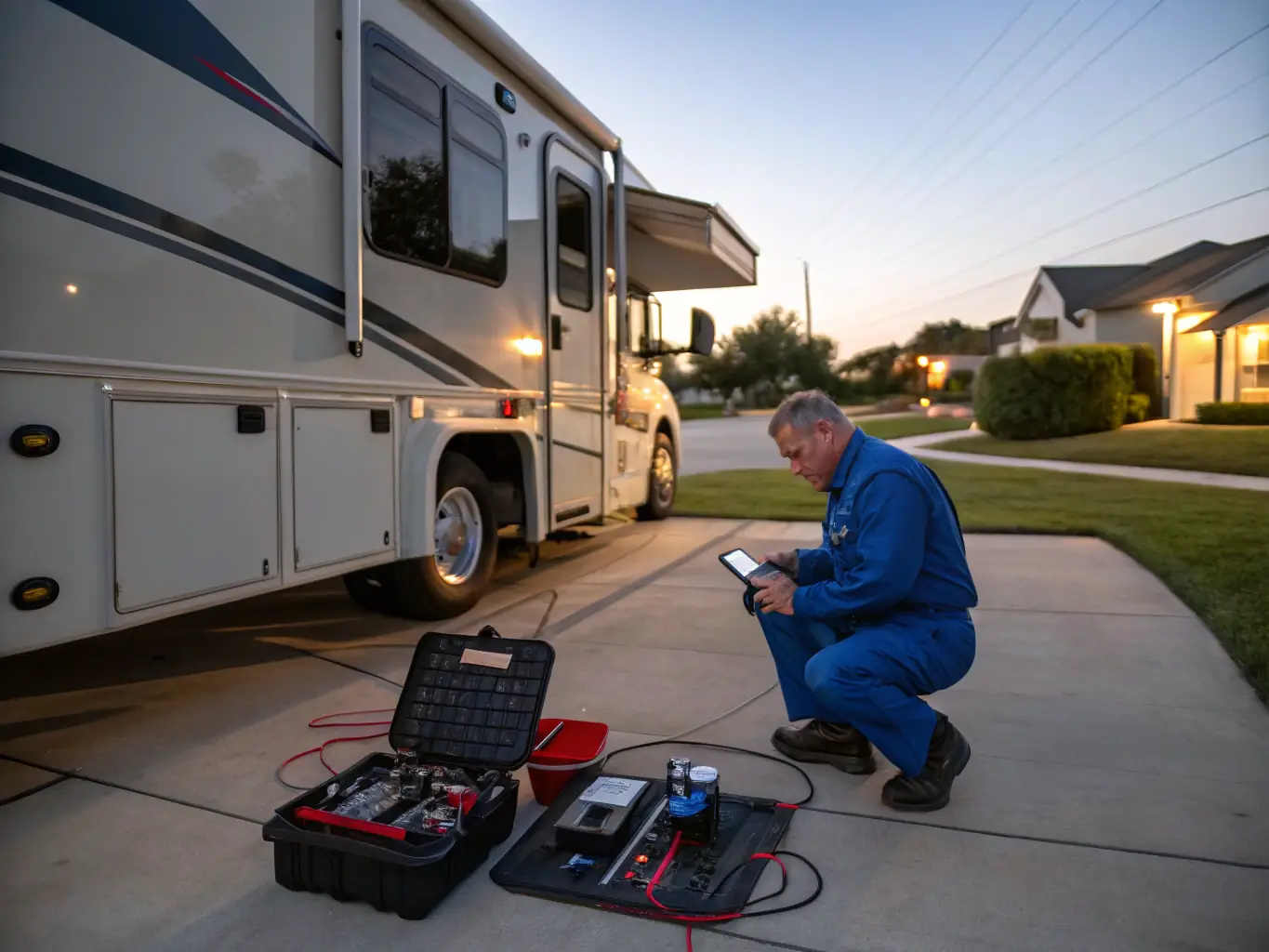 A detailed image showcasing an Onpoint RV LLC technician performing a thorough electrical system inspection on an RV at a campsite, using professional diagnostic tools.